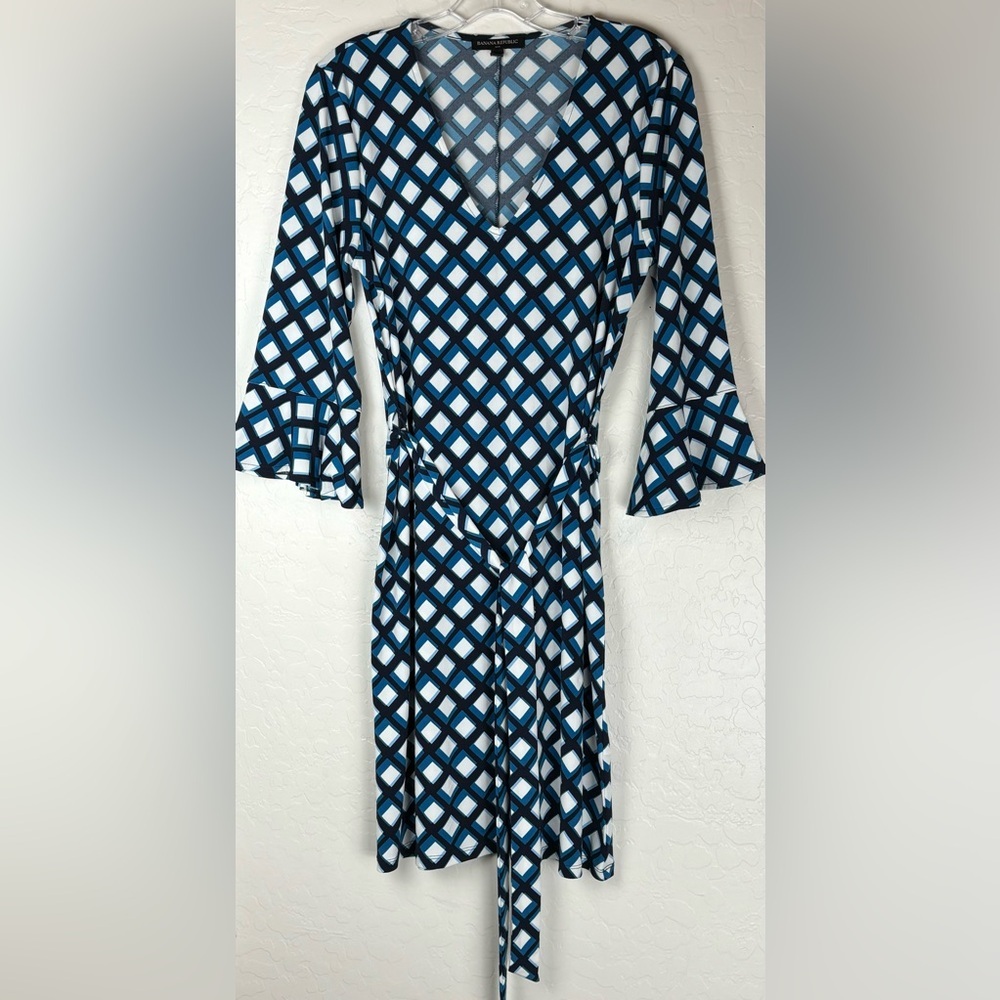 BANANA REPUBLIC Blue Plaid Sheath Belted Career Dress‎ Ruffled Sleeves M 0727
